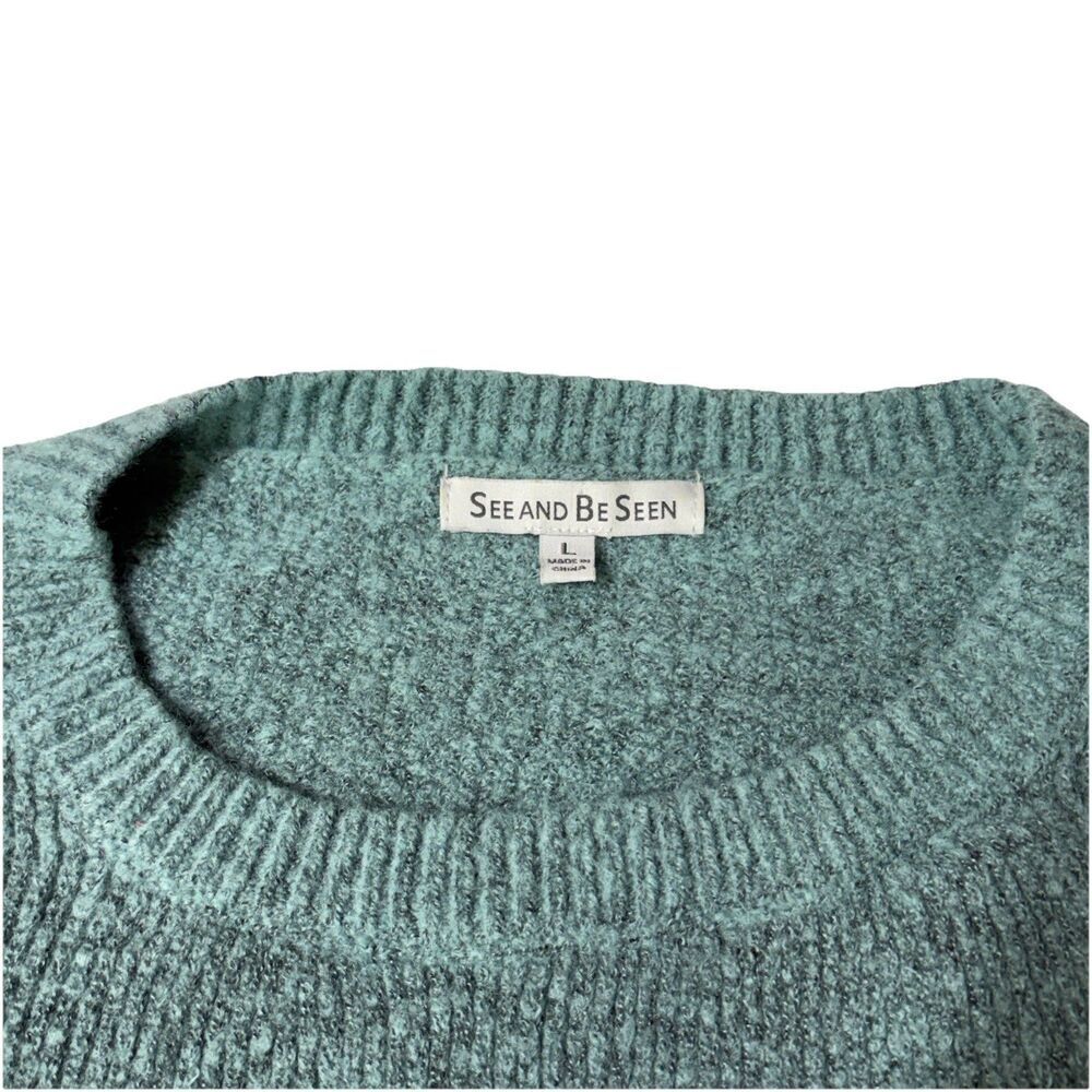 See And Be Seen Green Embroidered Floral Sweater Women's L Ruffle Cuff Pullover - Picture 3 of 7